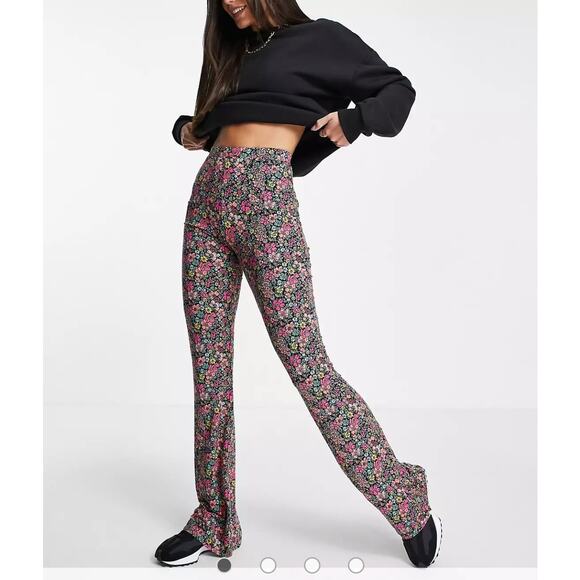 ASOS Floral Pant Kick Flare 6 Psychedelic Flower Power Pull On Y2K Stretchy Boho - Picture 2 of 6